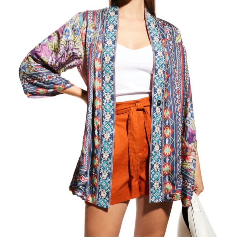 Johnny Was Emilia Reversible Silk Multicolor Floral Kimono Blouse Top
